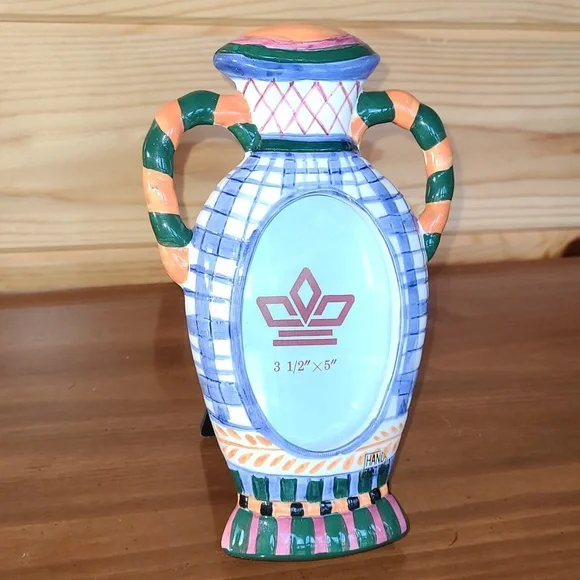 Vintage 90s Ceramic Picture Frame Colorful Double Handled Vase Jar Hand Painted - Picture 1 of 13